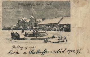 Szentes Piac tér télen, Városi Színház és Szálloda (wet damage)