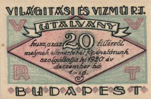 Budapest 1920. "Világítási és Vízmű R.T." Utalványa 20f, 50f, 1K, 2K, 5K, 10K T:I