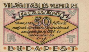 Budapest 1920. "Világítási és Vízmű R.T." Utalványa 20f, 50f, 1K, 2K, 5K, 10K T:I