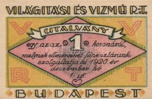 Budapest 1920. "Világítási és Vízmű R.T." Utalványa 20f, 50f, 1K, 2K, 5K, 10K T:I