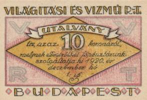 Budapest 1920. "Világítási és Vízmű R.T." Utalványa 20f, 50f, 1K, 2K, 5K, 10K T:I