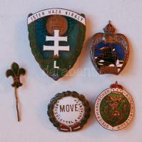 5db különféle zománcozott Br jelvény: ~1940. "Isten Haza Király" zománcozott Br levente jelvény T:1-/2 + zöld zománcozású Br cserkész jelvény a Horthy-korszakból T:2 + "MOVE Becsülettel a hazáért" jelvény készítő: Morzsányi J. Bp T:2 + "Steiermarkischer-Automobilclub" készítő: J. Schwertner Graz T:2/2- + "Heil und Sieg dem Vaterland" jelvény T:2 Five different enamelled Br badges with scout badge, Hungarian "Levente" badge, Hungarian "MOVE" badge and two Austrian badges C:XF