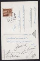 1944 FTC labdarúgók aláírása nagyváradi képeslapon: Lakat, Kéry, Csikós, Hernádi, stb.