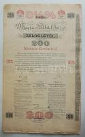 1904. "Magyar Földhitel Intézet záloglevél 200K-ról szelvényekkel magyar-német-francia nyelven, vízjeles papíron