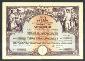 1952. "Harmadik Békekölcsön" Magyar Népköztársaság nyereménykölcsöne 50Ft-ról szárazpecséttel