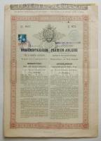 1880. "Kamatozó Nyereménykölcsön" Tisza és mellékfolyói szabályozására - Szeged város újjáépítésére, részkötvény osztrák értékű 100Ft-ról szelvényekkel és felülbélyegzéssel