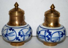 Porcelán és réz só-, illetve borstartó /  Porcelain and brass salts, 8cm