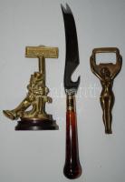 Kis bolhatétel: gy régi női akt formájú bronz sörnyitó, egy sörnyitókés, és egy brit bronz szuvenírfigura /  Brass beer opener, brass souvenir figure and a knife and beer opener in-one