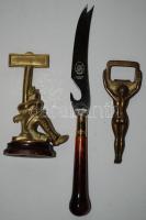 Kis bolhatétel: gy régi női akt formájú bronz sörnyitó, egy sörnyitókés, és egy brit bronz szuvenírf...
