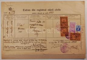 Románia 1940 Születési anyakönyvi kivonat okmánybélyegekkel és Dés városi okmánybélyegekkel (kartonlapra kasírozva)