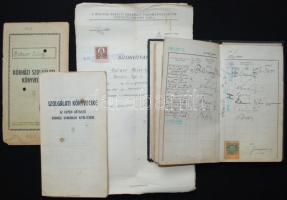 1926 Orvostanhallgató és medikus okmányai: egyetemi leckekönyv számos neves orvos aláírásával (Lenhossék, Rybár, Lehoczky-Semmelweis), szigorlati bizonyítványok + kórházi szolgálati könyvecske