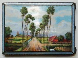 Ezüst szecessziós szelence, zománc tájképpel és peremmel, jelzett 925 és mesterjel, 6×4 cm, hibátlan, s:37,6 g.