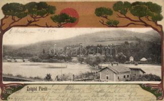 Zsögödfürdő railway station, Art Nouveau litho (Rb)