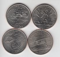 Amerika Egyesült Államok 2001-2004. 1/4$ 4db klf emlékkiadása tanúsítványokkal! T:BU USA 2001-2004. Quarter Dollar, 4 pieces of different commemorative coins with certificates C:BU