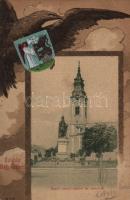 Nagyvárad St László statue, church, coat of arms litho (EB)