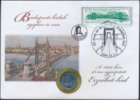 1999. 50f "45 éves az újraátadott Erzsébet-híd" érmés bélyeges boríték (3x) mind klf bélyegvariációval + 2009. 200Ft "Budapesti hidak egykor és ma - 160 éves a Lánchíd" érmés bélyeges boríték (6x) mind különféle bélyegvariációval és hátlapi ismertetővel T:1