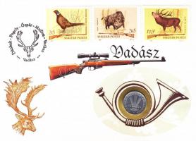 1964. 20f "Dánbak-fogoly-őzpár-mufflon-vadkan - Vadász" érmés bélyeges boríték alkalmi bél...