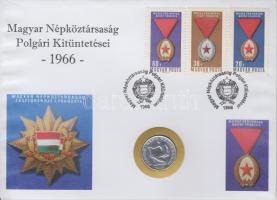 1966. 50f "Magyar Népköztársaság Polgári Kitüntetései" érmés bélyeges boríték alkalmi bélyegzővel (3x) klf bélyegvariációval T:2