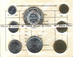 Franciaország 1972. 1c-10Fr forgalmi sor 8db klf értékkel, közte ezüst darabokkal, dísztokban és tanúsítvánnyal! T:BU,1 France 1972. 1 Centime, 5 Centimes, 10 Centimes, 20 Centimes, 1/2 Franc, 5 Francs Ag , 10 Francs Ag coin set in original box xith certificate C:BU,UNC