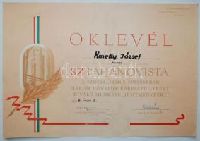 1956 Sztahanovista oklevél, 23×33 cm