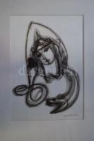 Macskássy Izolda (1945-): Királynő, akvarell-tus, selyem kartonra kasírozva 29x21 cm, üvegezett kere...