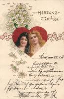 Lady, flowers, heart, litho (EK)