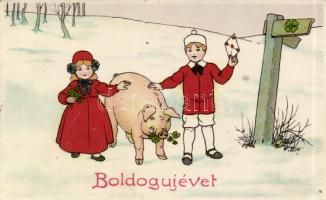 New Year pigs, children, litho