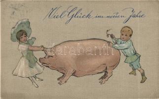New Year pigs, children, Emb. (EK)