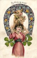 New Year pig, lady, champagne, litho (EB)