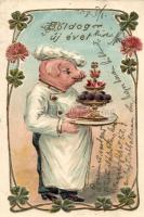 New Year, Pig chef Emb. litho