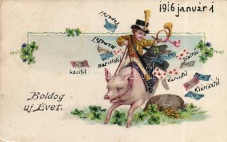 New Year, pig ride, money litho