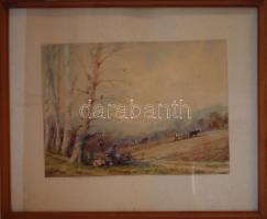 Jozefzky jelzéssel: Aratás, akvarell, papír, övegezett keret, 46×56 cm