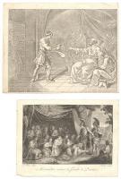cca 1800 2db antik jelenetet ábrázoló rézmetszet: Szókratész halála; Nagy Sándor látogatóban Dareiosznál, 9x12cm, 8x10cm