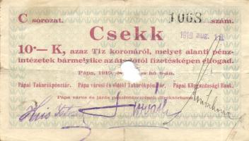 Pápa 1919.május 8. "Pápai csekk" 10K (3x) + 20K (3x) + 50K (3x) lyukasztással érvénytelenítve T:II,III