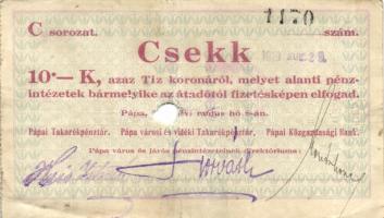 Pápa 1919.május 8. "Pápai csekk" 10K (3x) + 20K (3x) + 50K (3x) lyukasztással érvénytelení...