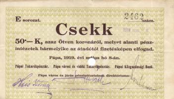 Pápa 1919.május 8. "Pápai csekk" 10K (3x) + 20K (3x) + 50K (3x) lyukasztással érvénytelení...