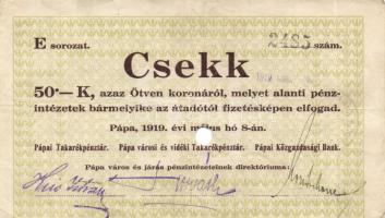 Pápa 1919.május 8. "Pápai csekk" 10K (3x) + 20K (3x) + 50K (3x) lyukasztással érvénytelení...