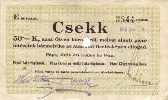 Pápa 1919.május 8. "Pápai csekk" 10K (3x) + 20K (3x) + 50K (3x) lyukasztással érvénytelení...