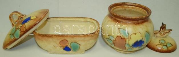 Enzien kerámia tétel 3 db: Gyufatartó, nagy bonbonier kis hajóval a tetején m:21 cm, asztali doboz h...