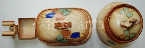 Enzien kerámia tétel 3 db: Gyufatartó, nagy bonbonier kis hajóval a tetején m:21 cm, asztali doboz h...