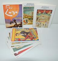 46 db modern reprint; motívum és reklámlap (4 képeslapos füzetben), a színház, a cirkusz és a bűvészet, illetve az űrrepülés témaköréből, mind használatlan és jó állapotban van