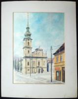 Olvashatatlan jelzéssel: Tabáni katolikus templom cca 1960, akvarell, papír, paszpartuzva, 33x26cm