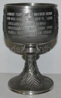 Gazdagon díszített ónkupa, német felirattal, m:14 cm