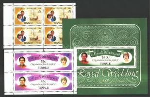 Charles and Diana's wedding mini sheet + stamps from stamp booklet + block, Károly és Diána esküvője bélyegfüzet lapok + blokk