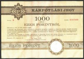 1991. Kárpótlási jegy 1000Ft-ról "D" sorozat (2x) egymás utáni sorszámmal