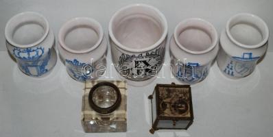 5db múzeumi utánzat gyógyszeres edény, 1db régi, sérült olvasótartó, 1db régi tintatartó fedél nélkü...