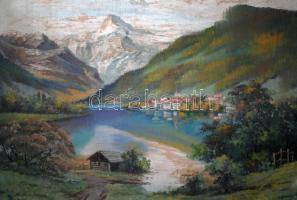 Mesterházy L. jelzéssel: Hegyek között. Olaj, vászon, szép, díszes keretben, 81x100cm (a képen kis l...