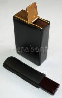 1db bőr cigarettás doboz 18K arannyal futtatott fedővel és 1db öngyújtó bőrtokban /  Leather cigarette case with 18ct gold plated lid and a lighter in leather case