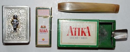 Dohányzó eszközök: Atika márkájú cigarettát reklámozó zsebhamutartó és öngyújtó, belgiumi szuvenír f...