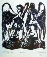 Kopasz Márta (1911-2011): Géniusok. Linó, jelzett, üvegezett keretben, hátoldalán dedikálással (!), ...